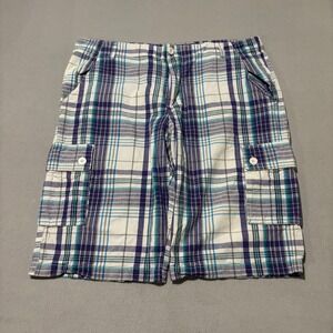 Avirex Mens Plaid Cargo Shorts Size 40 Blue Purple White Cotton Y2K Streetwear